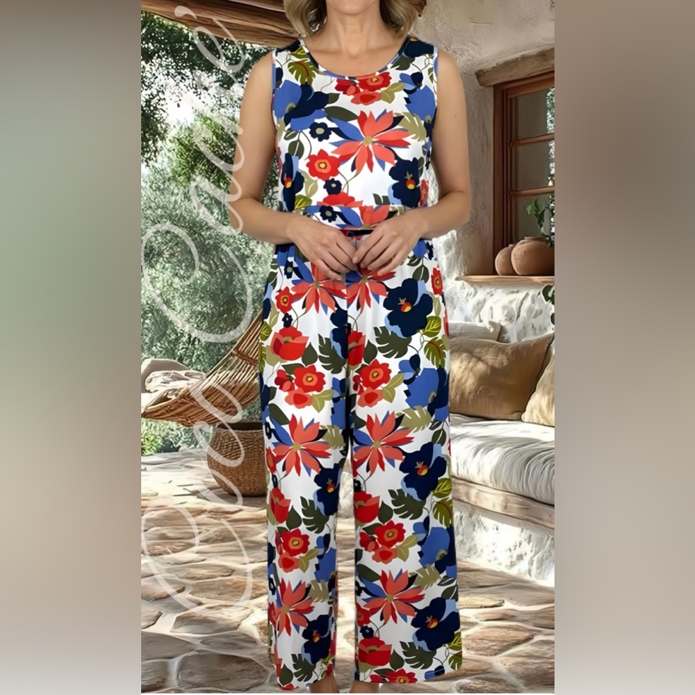Casual Floral Print Sleeveless Loose Top and Matching Wide Leg Pants Trousers